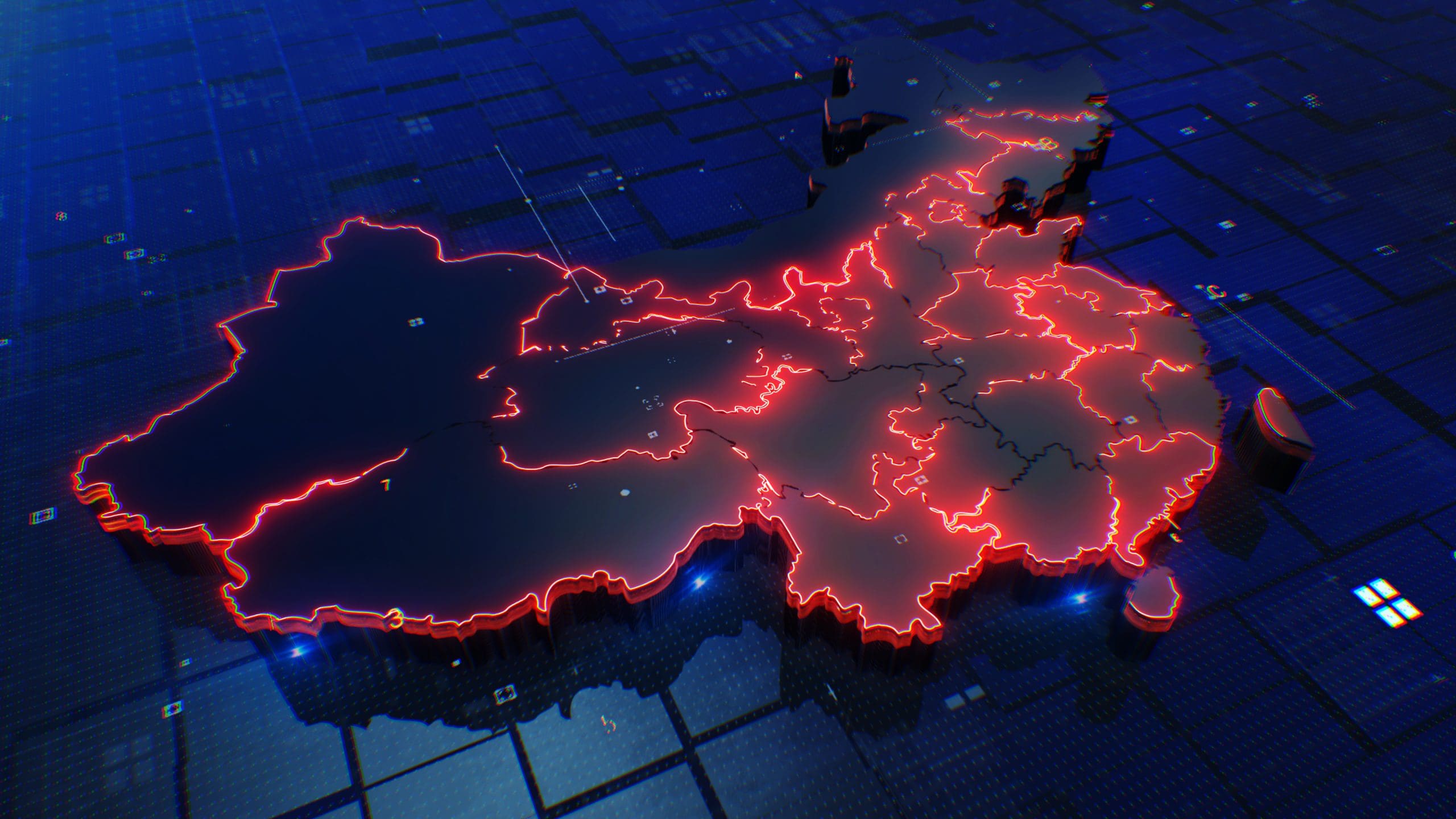 A map of china with red lights on it.